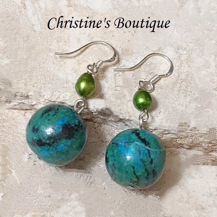 Phoenix Turquoise Gemstone & Green Pearl 925 SS Earrings - Click Image to Close