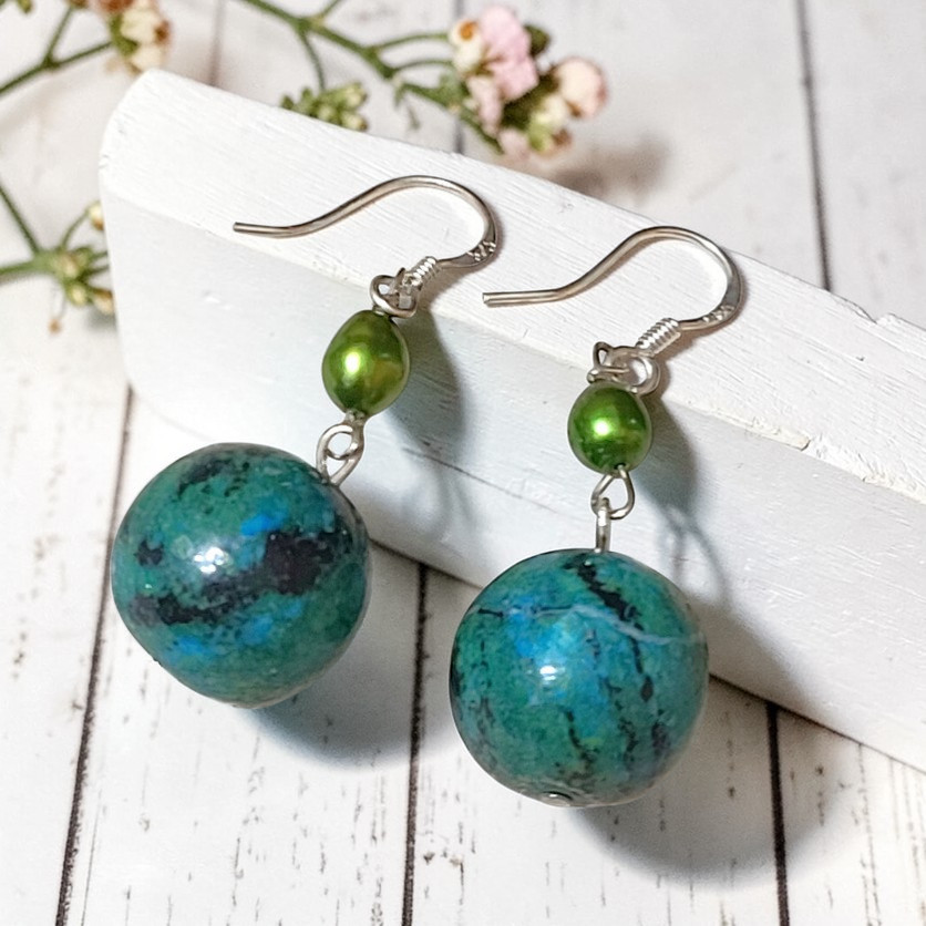 Phoenix Turquoise Gemstone & Green Pearl 925 SS Earrings