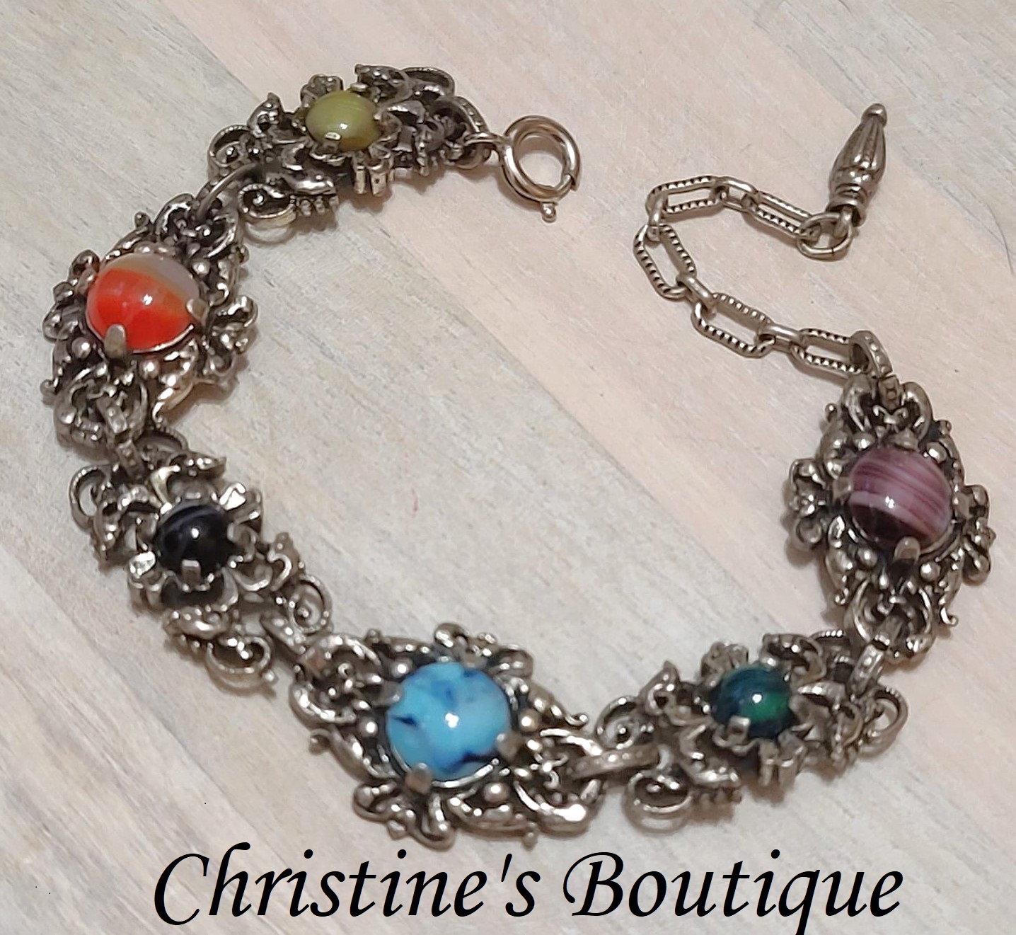 Vintage ornate bracelet, with multi color cabachons and filigree metal - Click Image to Close