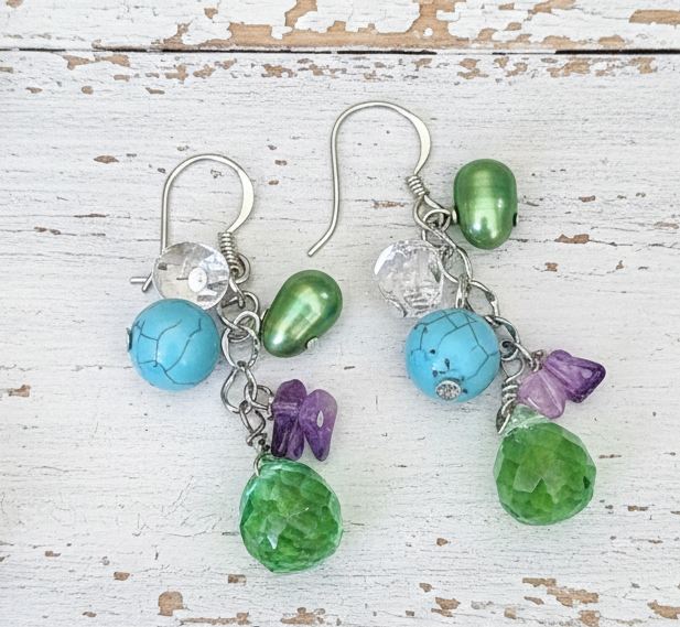 Green Freshwater Pearl, Turquoise & Crystal 925 Sterling Silver