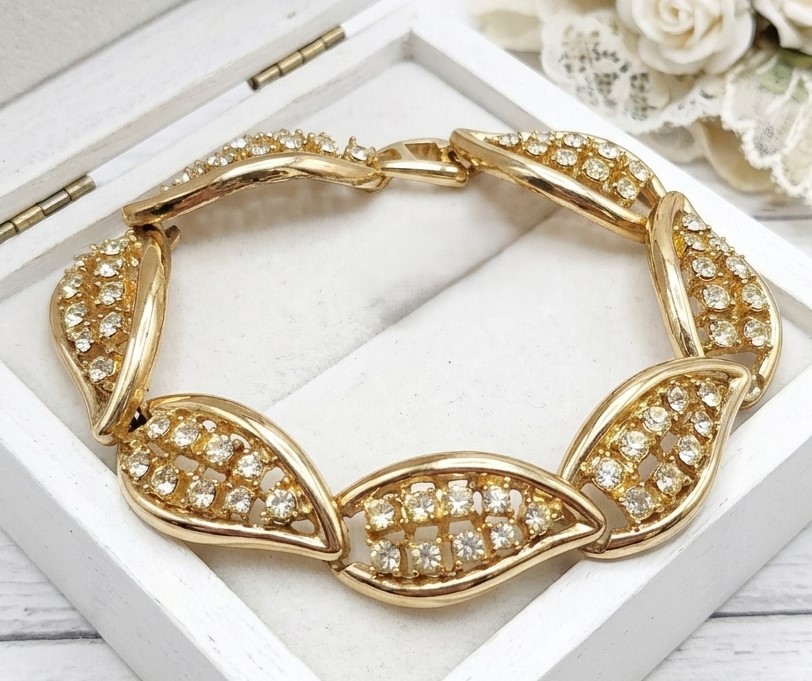 Rhinestone bracelet, vintage, rhinestone leaf motif, 7"