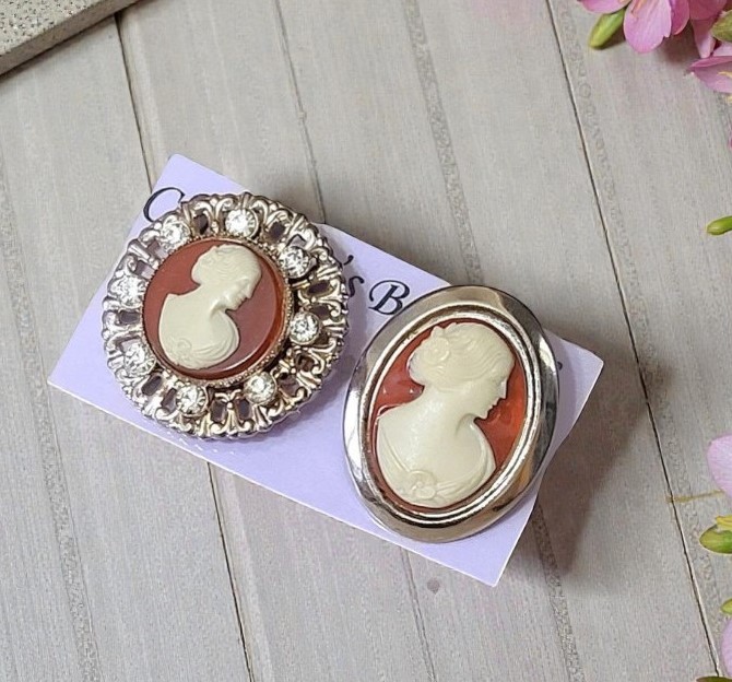 Cameo pins, scatter pin set, vintage cameos with rhinestone