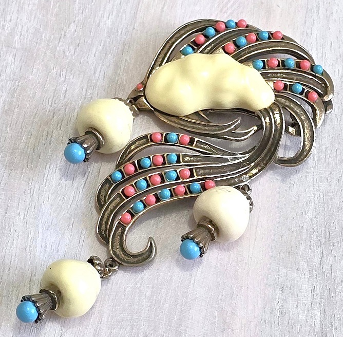 Art Deco Scarf hook, bead accents, fish like, large scarf hook pendant