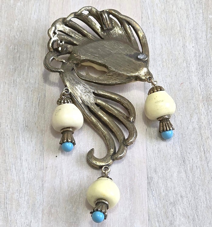 Art Deco Scarf hook, bead accents, fish like, large scarf hook pendant