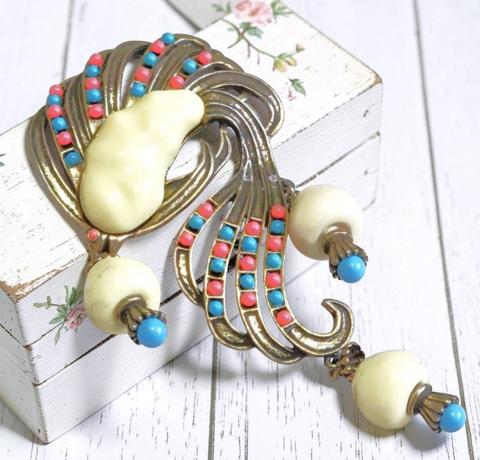 Art Deco Scarf hook, bead accents, fish like, large scarf hook pendant