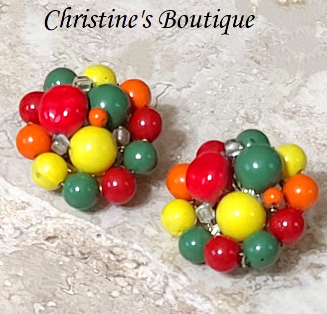 Beaded cluster earrings, vintage clips on, red, orange and yellow vibrant colors - Click Image to Close