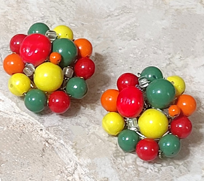 Beaded cluster earrings, vintage clips on, red, orange and yellow vibrant colors