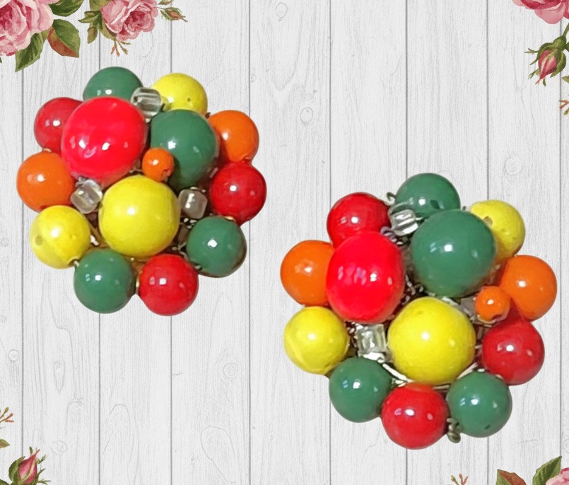 Beaded cluster earrings, vintage clips on, red, orange and yellow vibrant colors Beaded cluster earrings, vintage clips on, red, orange and yellow vibrant colors