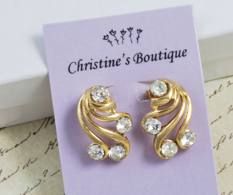 Rhinestones Set in Goldtone Clip Back Earrings