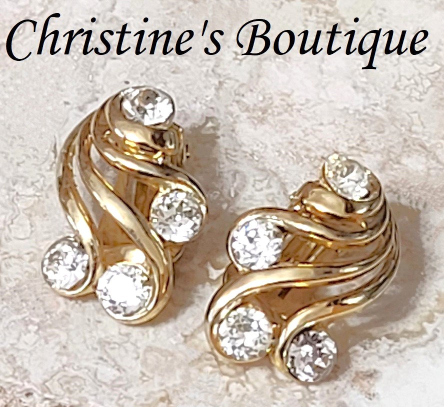 Rhinestone and gold earrings, vintage clip on earrings - Click Image to Close
