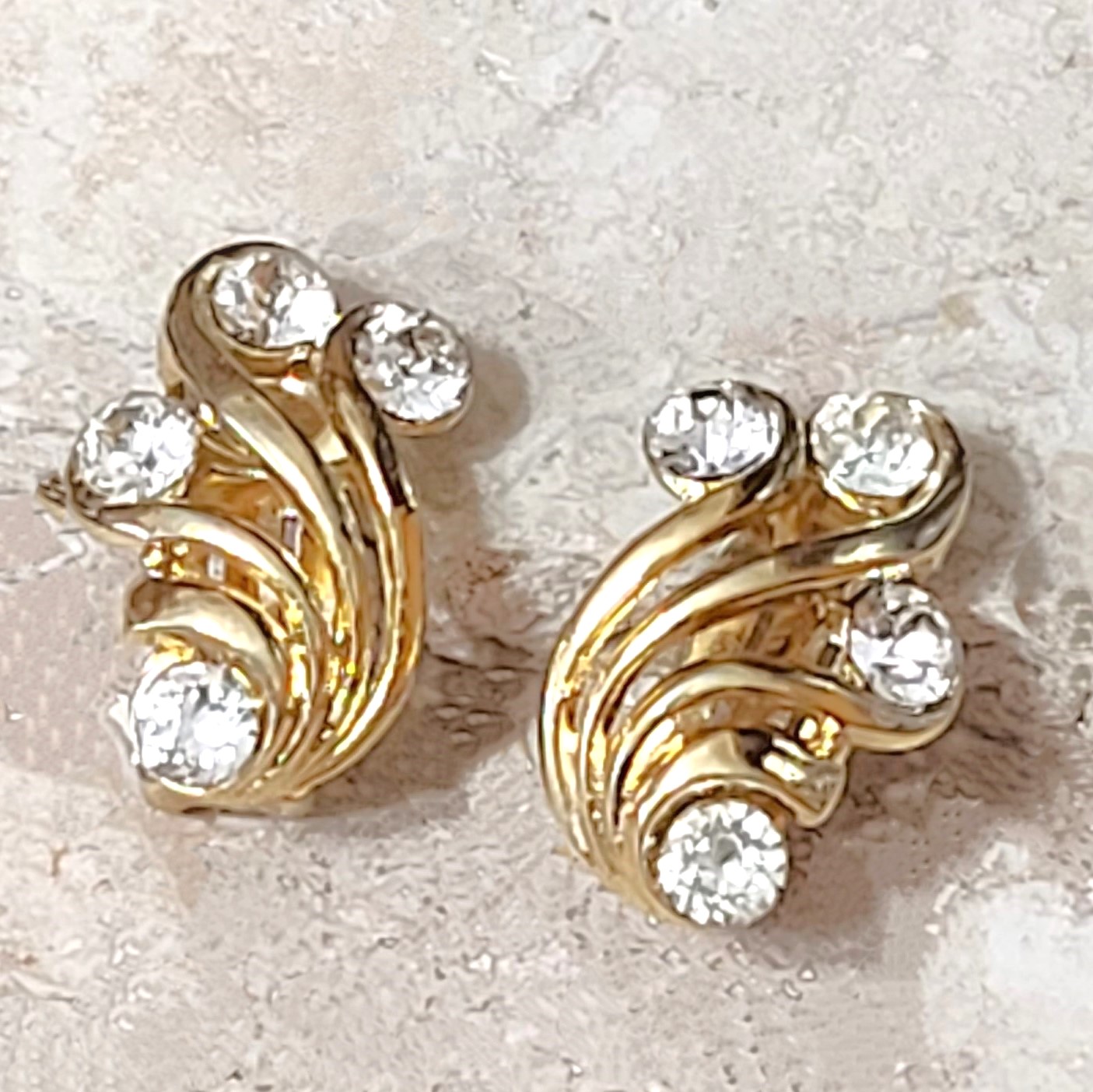 Rhinestone and gold earrings, vintage clip on earrings