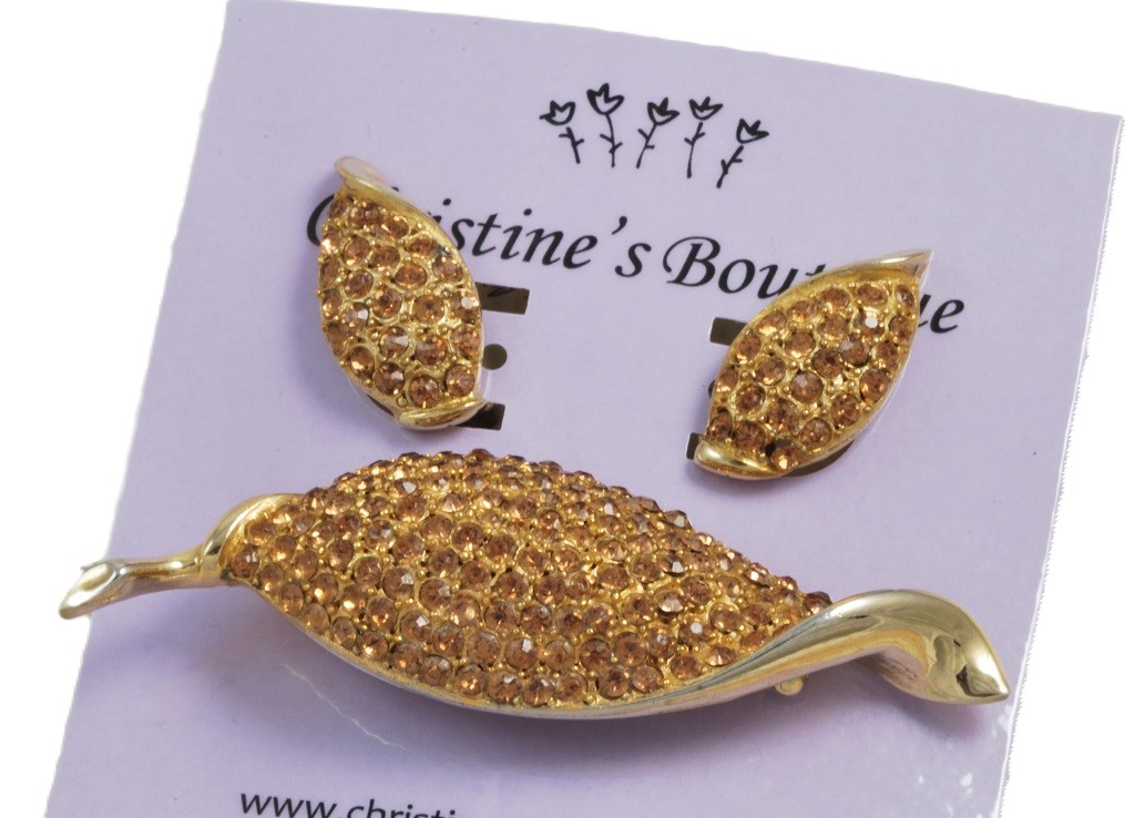 Weiss Topaz Rhinestones Leaf Pin and Earrings Set