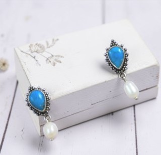 Turquoise and Pearl 925 Sterling Silver Earrings