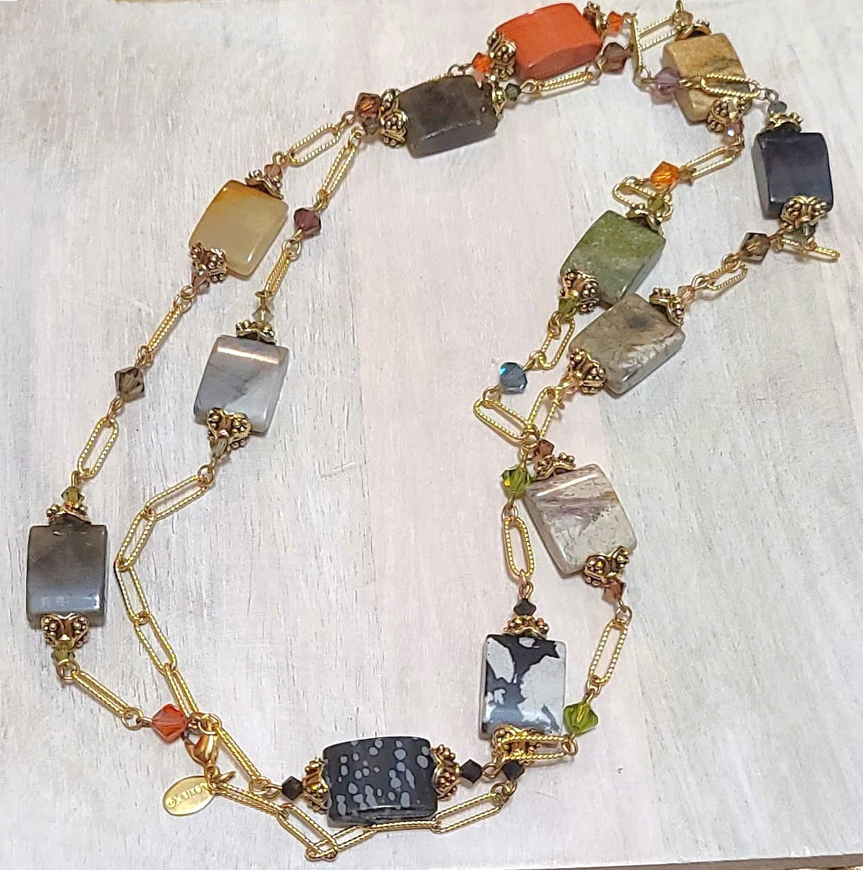 Gemstones and swarovski crystals link necklace, vintage, signed Alex.K.