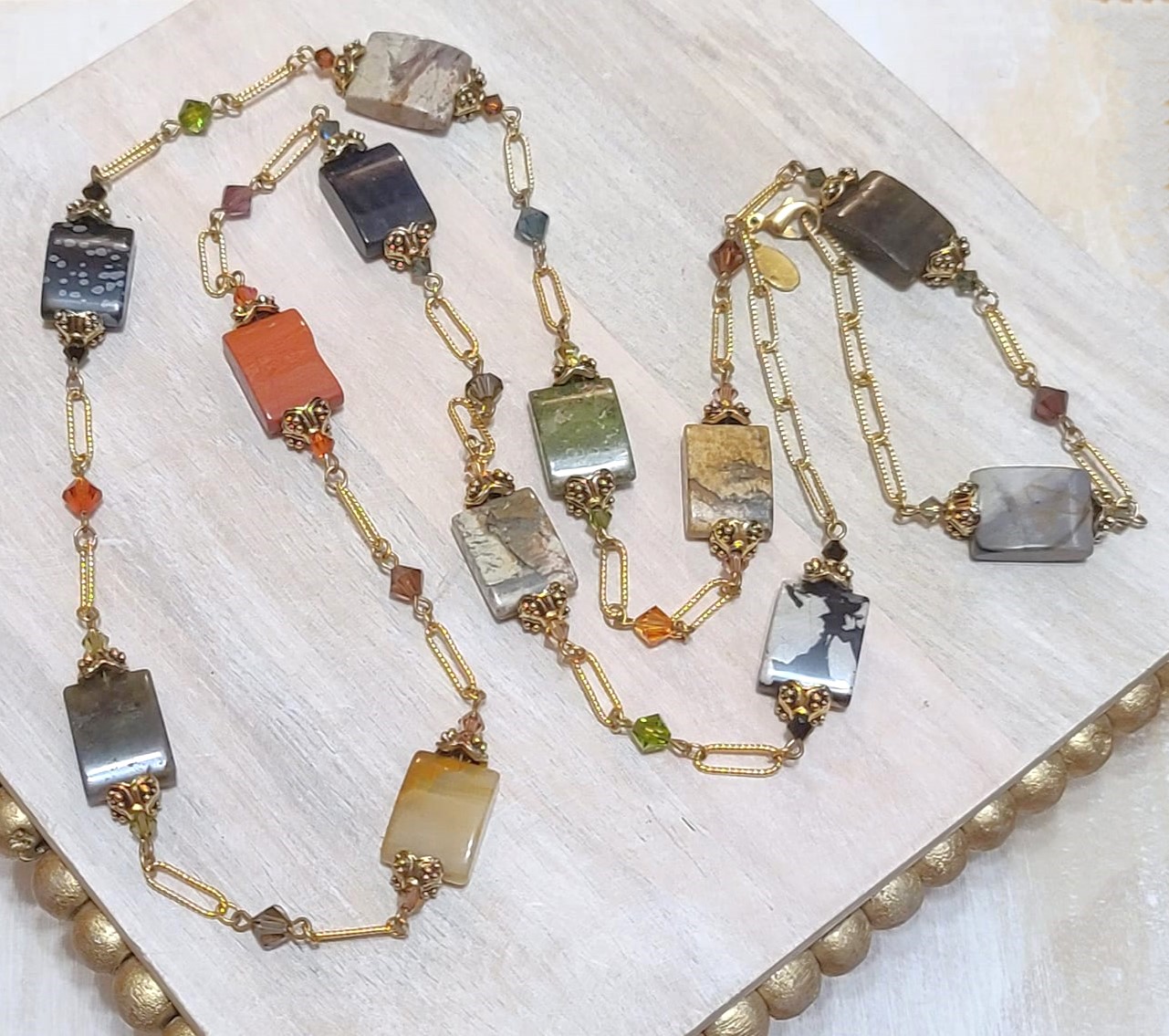 Gemstones and swarovski crystals link necklace, vintage, signed Alex.K.