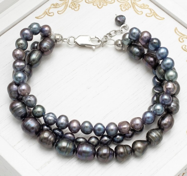 Multi Strand Freshwater Peacock Pearl Bracelet with Sterling Silver