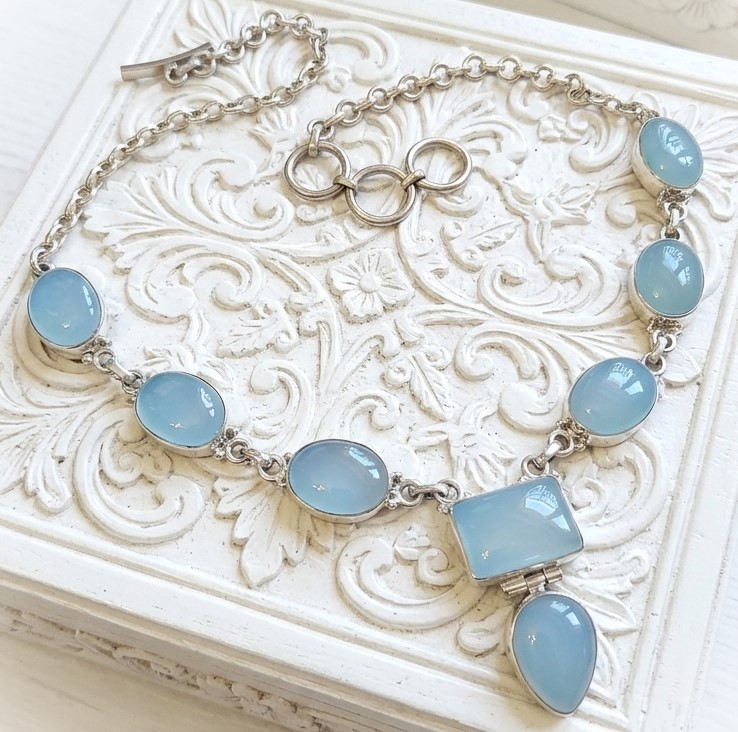 Blue Calchedony Gemstone 925 Sterling Silver Necklace