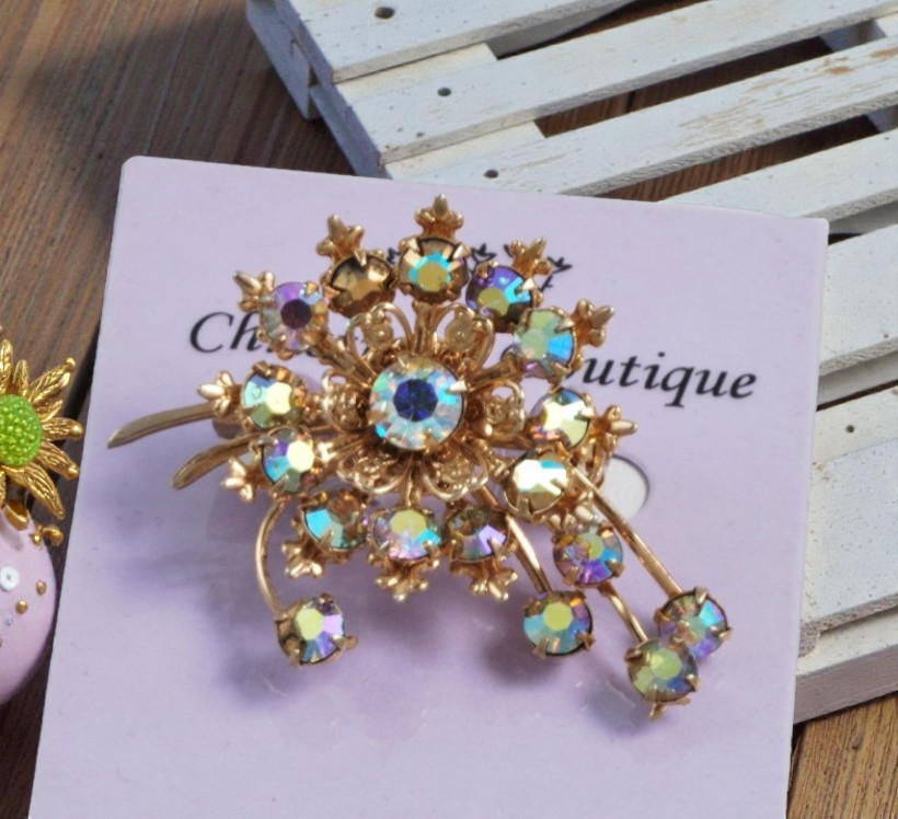 Aurora Borealis Rhinestone Flower Spray Pin