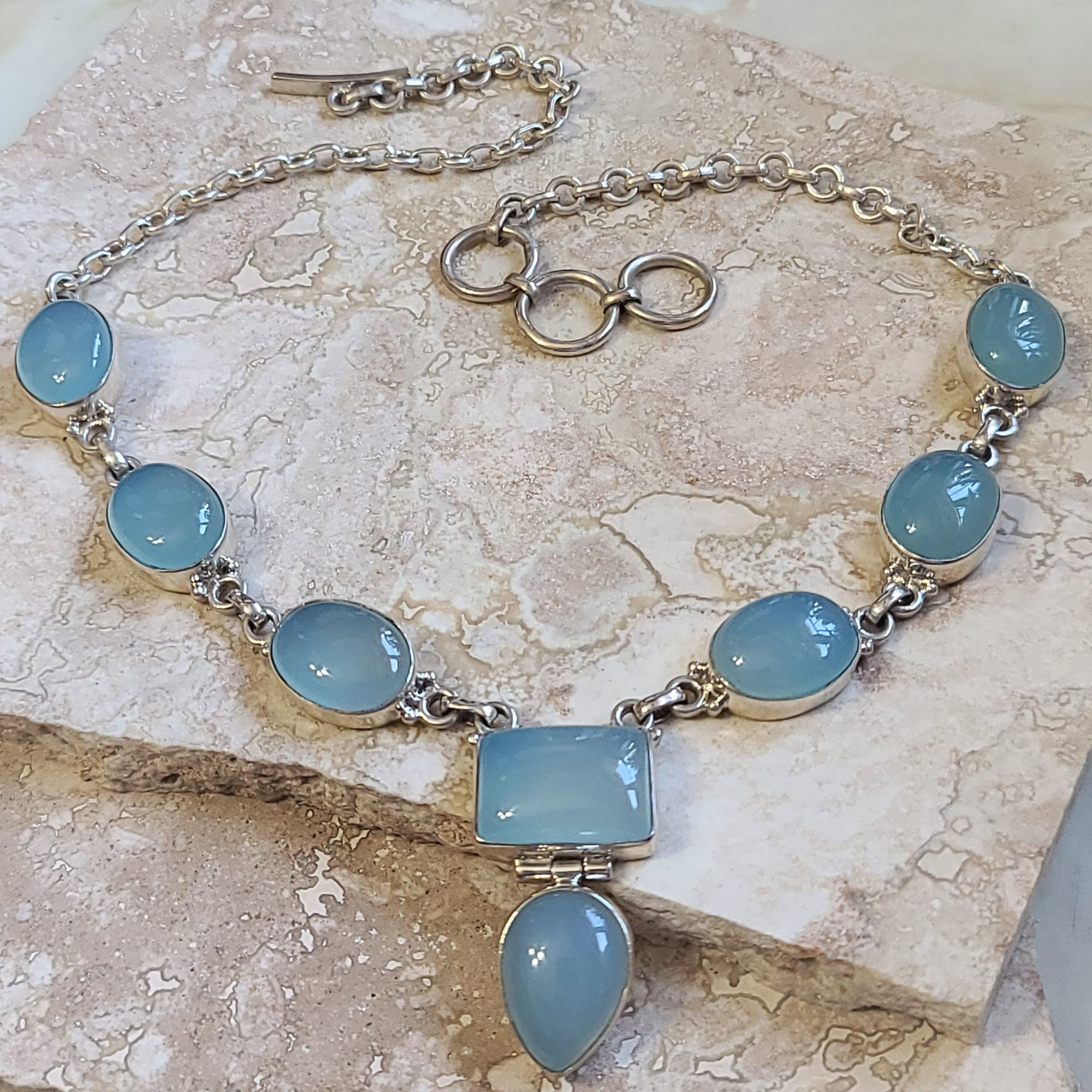 Blue Calchedony Gemstone 925 Sterling Silver Necklace