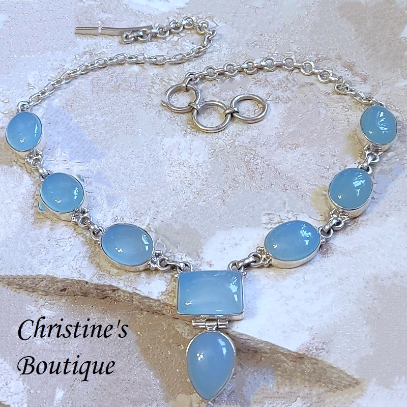 Blue Calchedony Gemstone 925 Sterling Silver Necklace - Click Image to Close