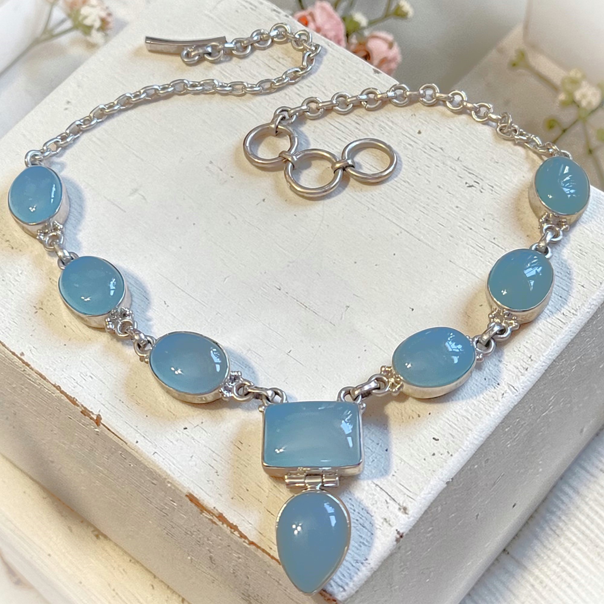 Blue Calchedony Gemstone 925 Sterling Silver Necklace
