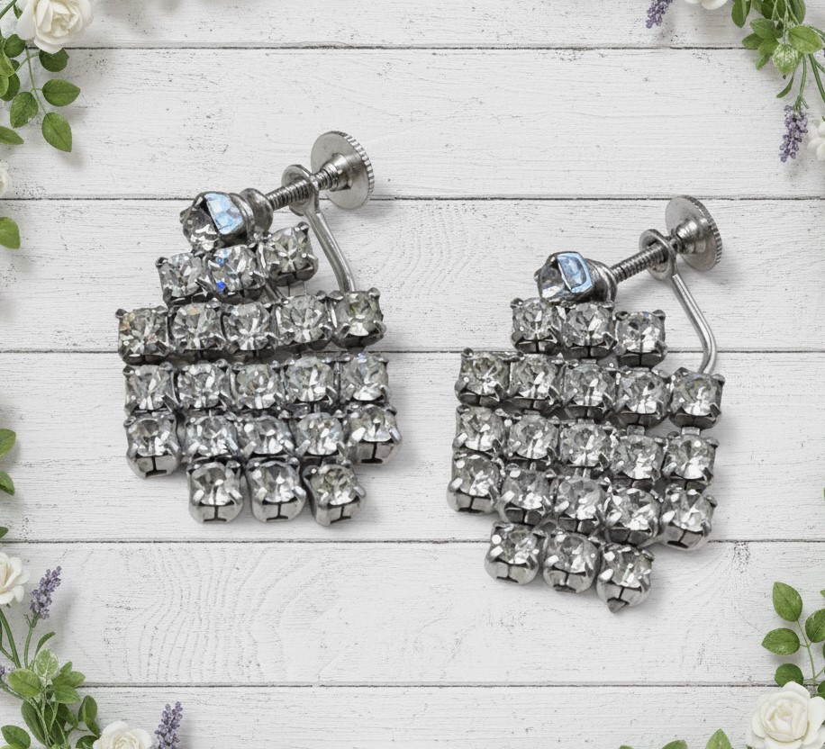 Rhinestone Vintage Dangle Earrings Screw backs
