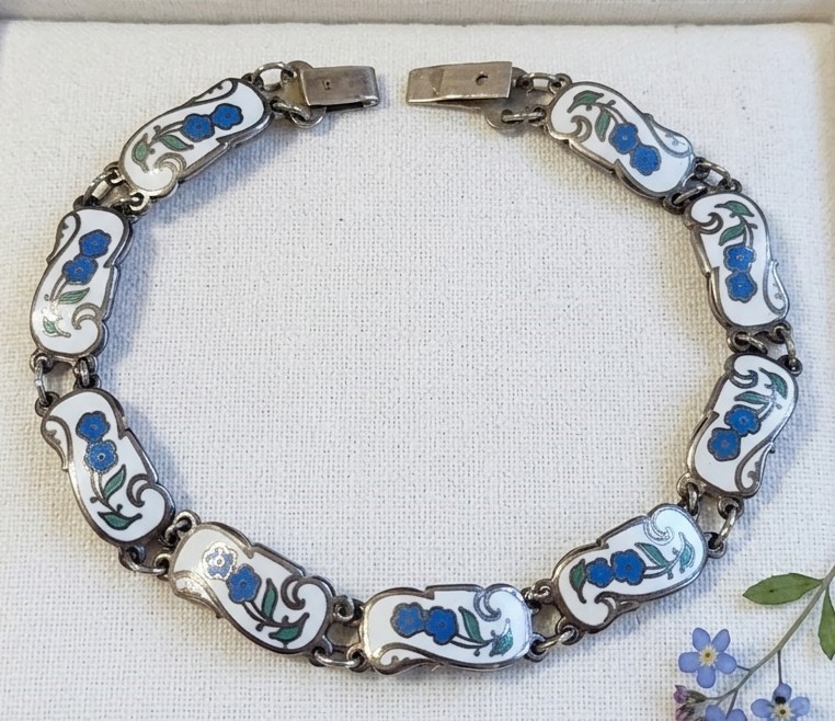 Silver flower link bracelet, sterling silver and enamel panels of flowers, vintage, signed Thailand