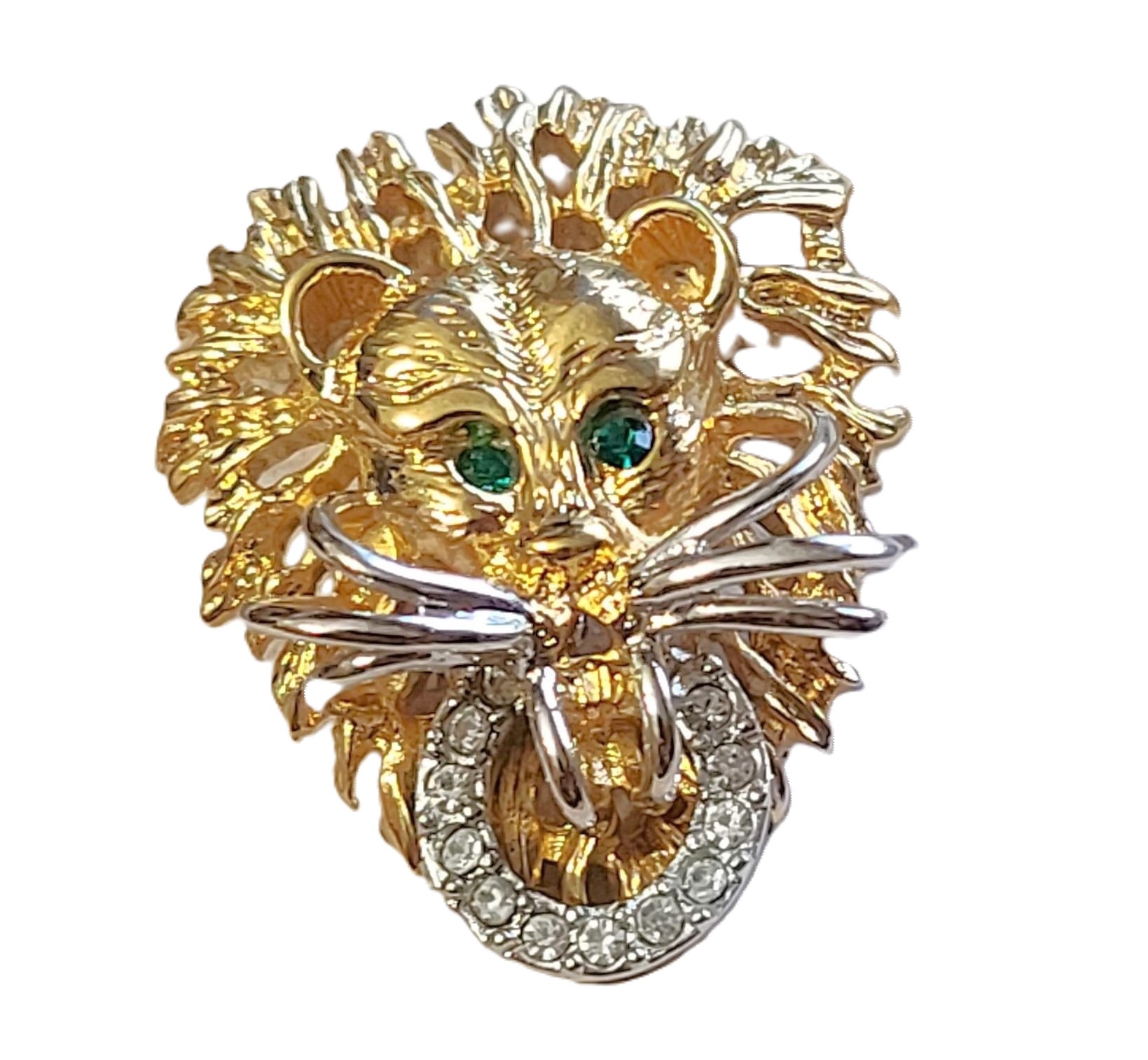 Lion pendant slide, for scarf or chain, green rhinestone eyes