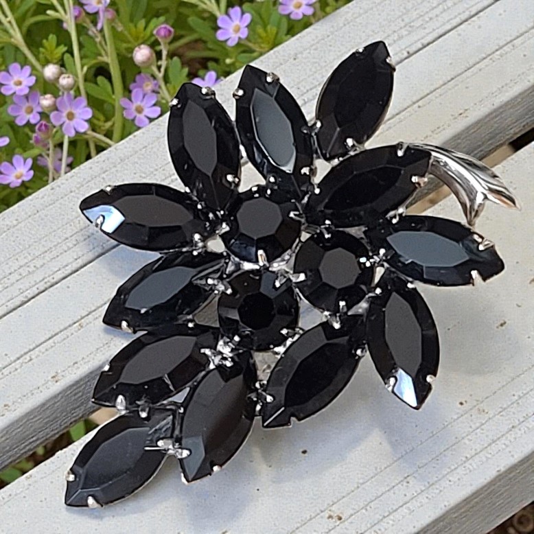Park Lane Signed Black Rhinestone Brooch Marquis Shape