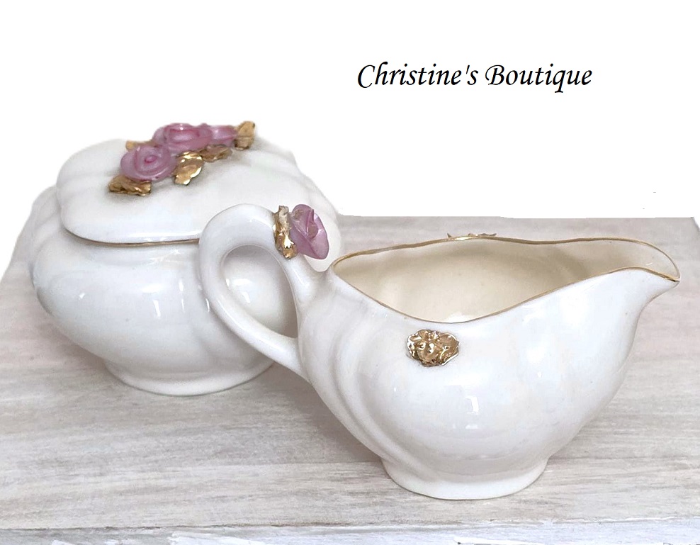 Bone china mini sugar bowl and creamer, vintage set, trinket jar, with 3D rose accents