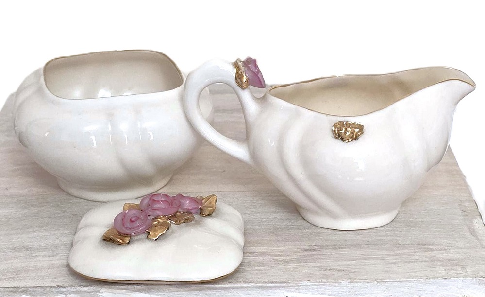 Bone china mini sugar bowl and creamer, vintage set, trinket jar, with 3D rose accents