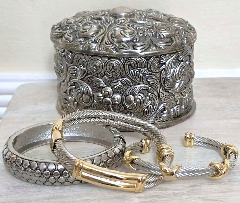 Silver plated scrolled jewelry box, keepsake box, vanity item, trinket box and 3 bracelets