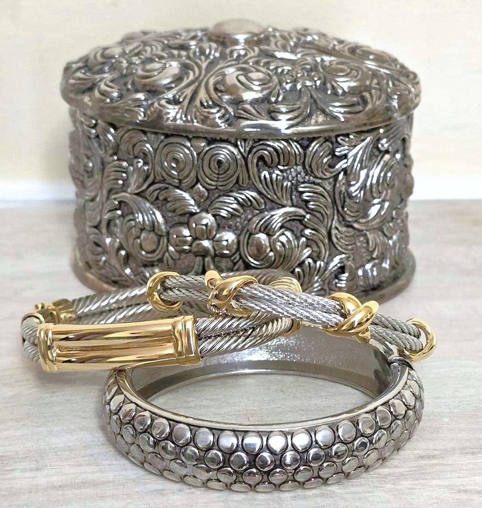 Silver plated scrolled jewelry box, keepsake box, vanity item, trinket box and 3 bracelets