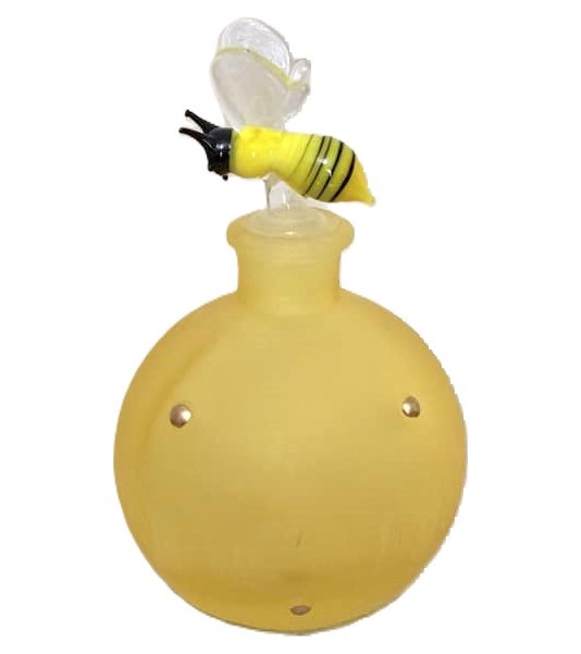 Vintage perfume bottle, yellow perfume bottle with glass lampwork bubble bee stopper, dresser decor