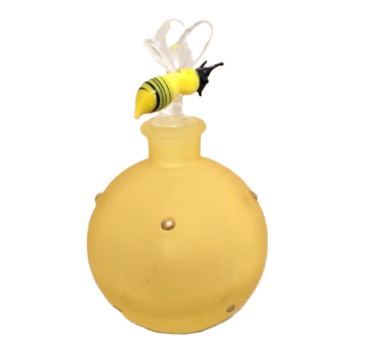 Vintage perfume bottle, yellow perfume bottle with glass lampwork bubble bee stopper, dresser decor