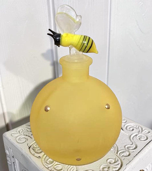 Vintage perfume bottle, yellow perfume bottle with glass lampwork bubble bee stopper, dresser decor