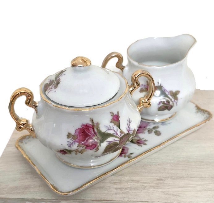 Moss Rose Royal Sealy China Vintage mini tea set Sugar bowl w/lid creamer and cup or candle votive and tray 5 piece set handpainted gold