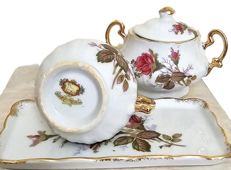 Moss Rose Royal Sealy China Vintage mini tea set Sugar bowl w/lid creamer and cup or candle votive and tray 5 piece set handpainted gold