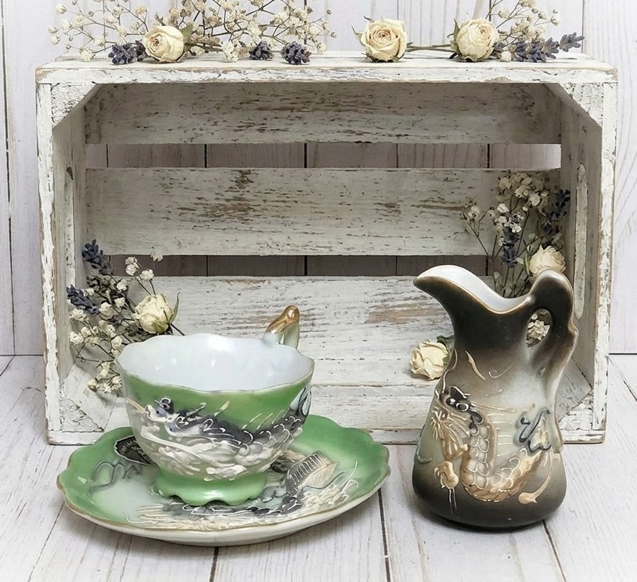 Vintage Mini Demitasse Cup, Saucer and Pitcher Set, Japanese Dragon Motif