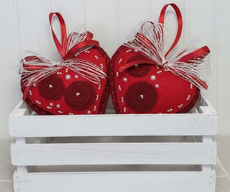 Red heart felt ornament with beaded detail