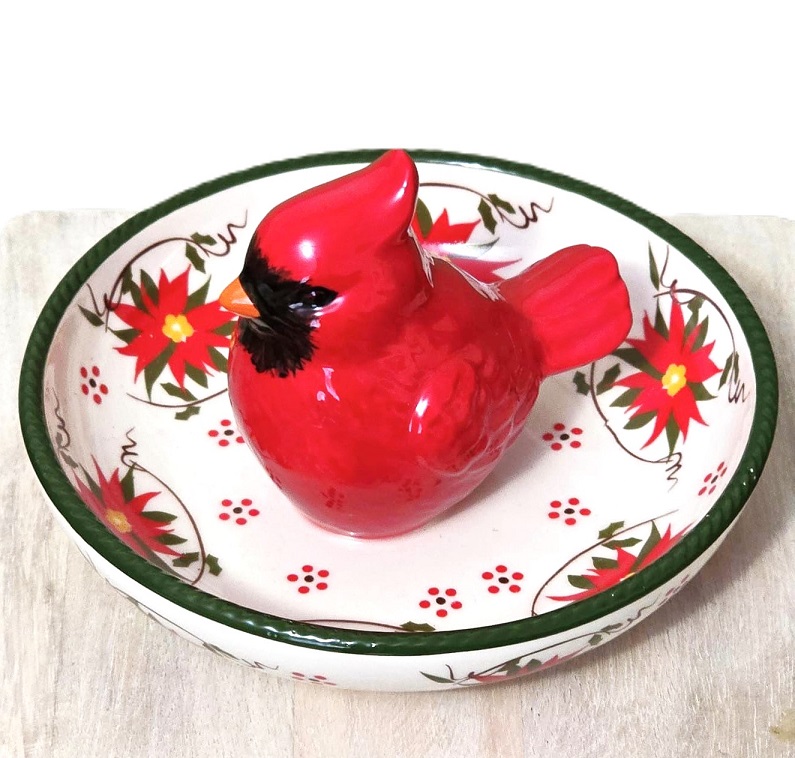 Temp-Tations by Tara Cardinal and Poinsettia candy dish, trinket dish, christmas candy dish