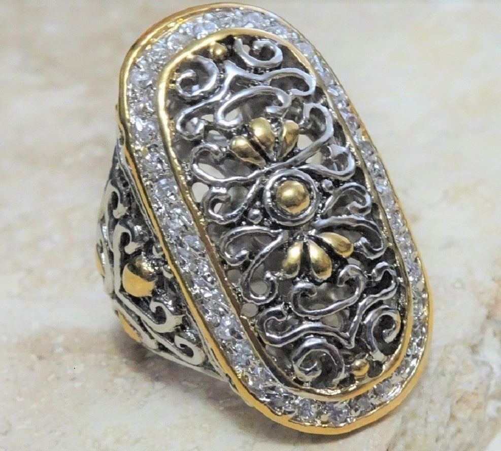 Fashion Oxidized Silver,Gold & CZ's Filigree Ring Size 6