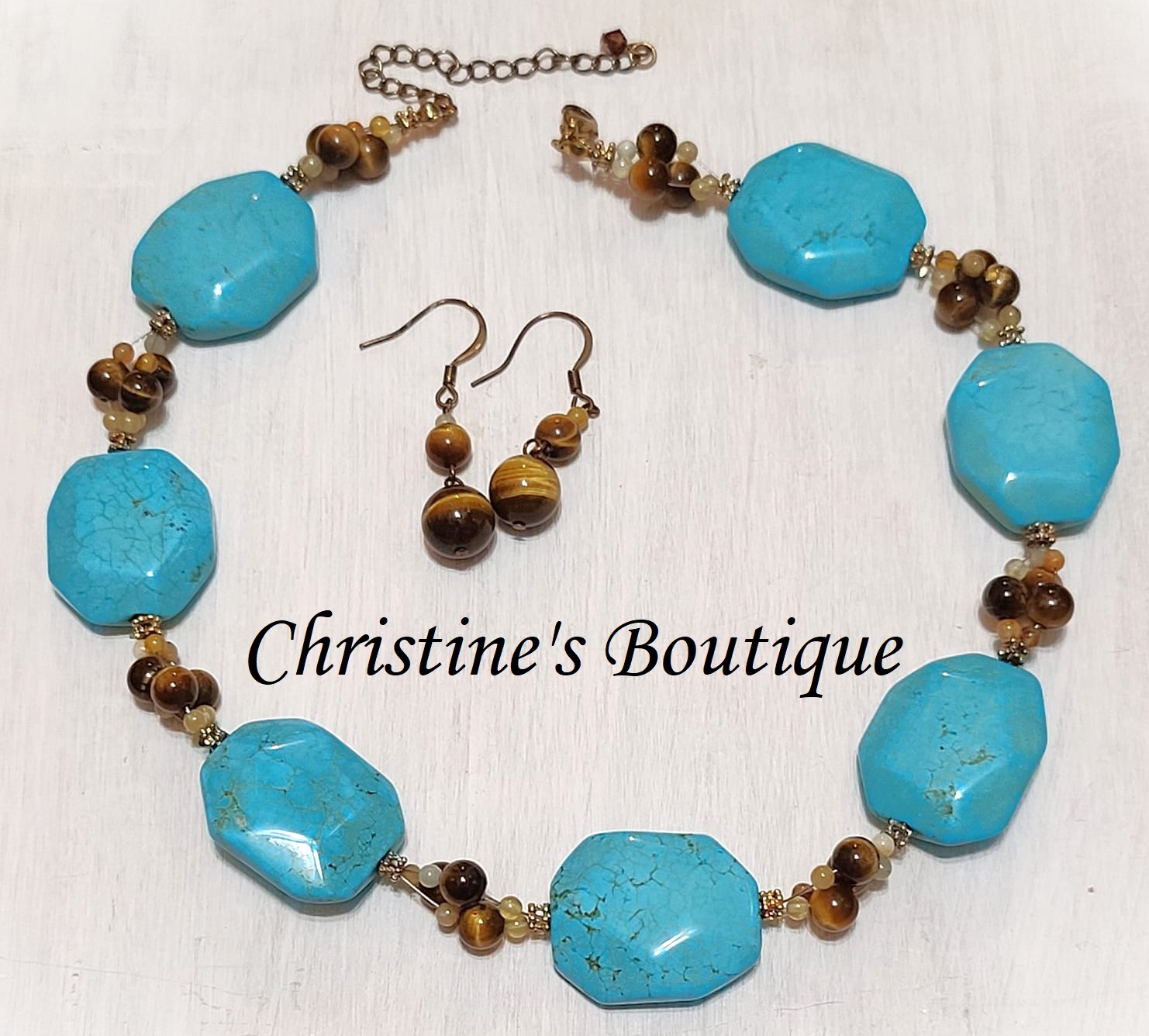 Turquoise howlite and tiger eye gemstone necklace and earrings - Click Image to Close