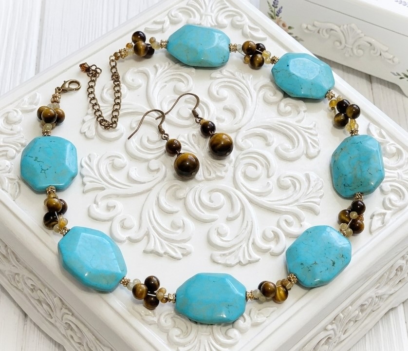 Turquoise howlite and tiger eye gemstone necklace and earrings