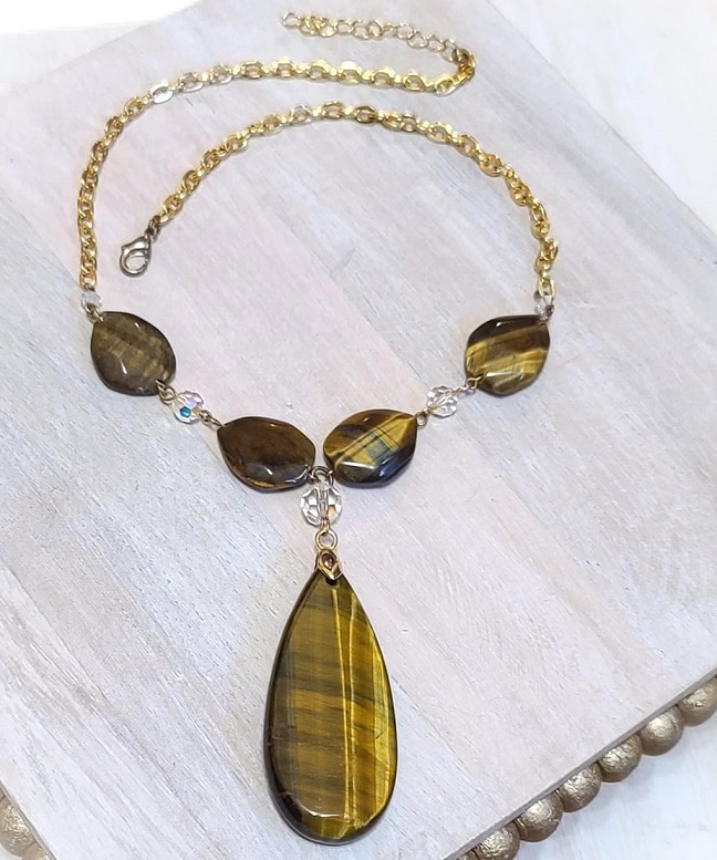Fashion Lariat style drop pendant necklace with faux tiger eye beads and crystals - Click Image to Close