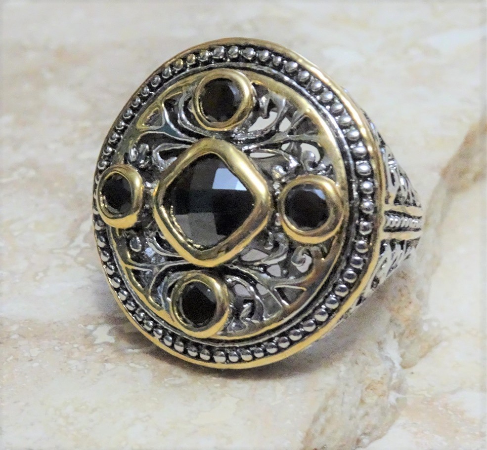 Fashion Oxidized Silver,Gold & CZ's Gothic Style Ring Size 7