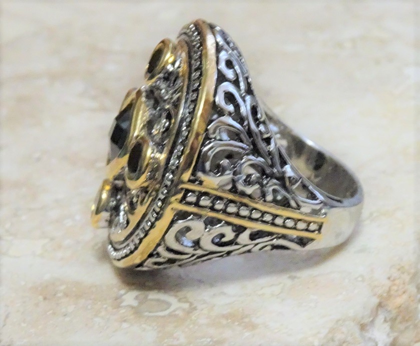 Fashion Oxidized Silver,Gold & CZ's Gothic Style Ring Size 7