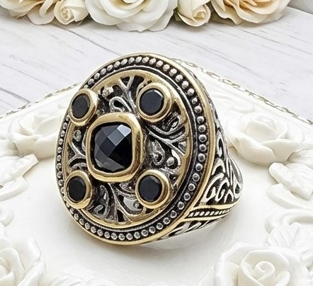 Fashion Oxidized Silver,Gold & CZ's Gothic Style Ring Size 7