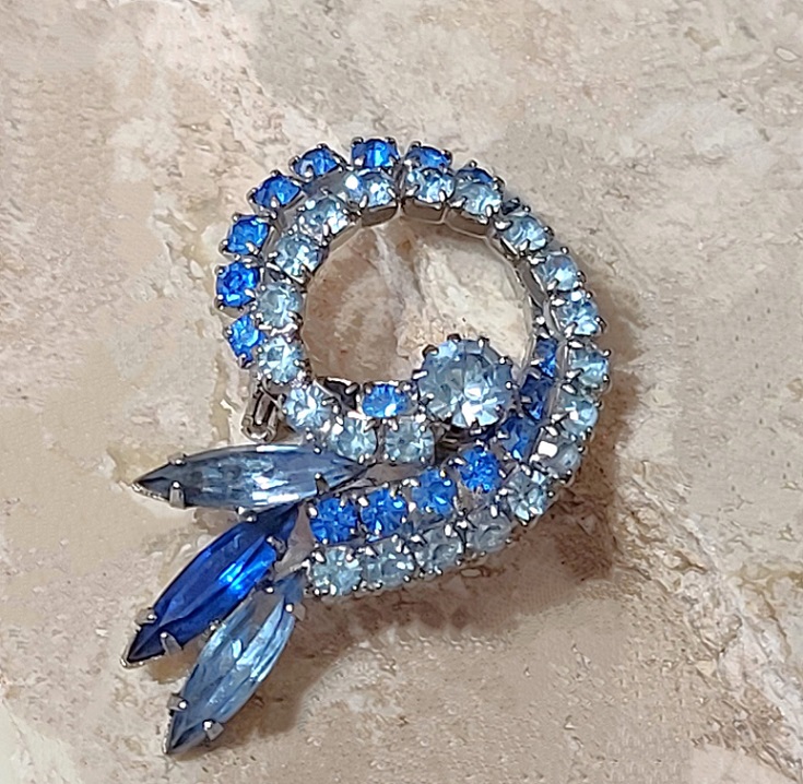 Blue rhinestone pin, vintage signed designer Weiss