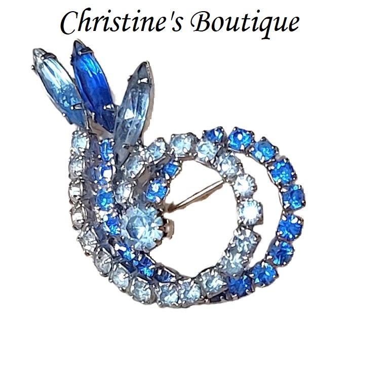 Blue rhinestone pin, vintage signed designer Weiss - Click Image to Close